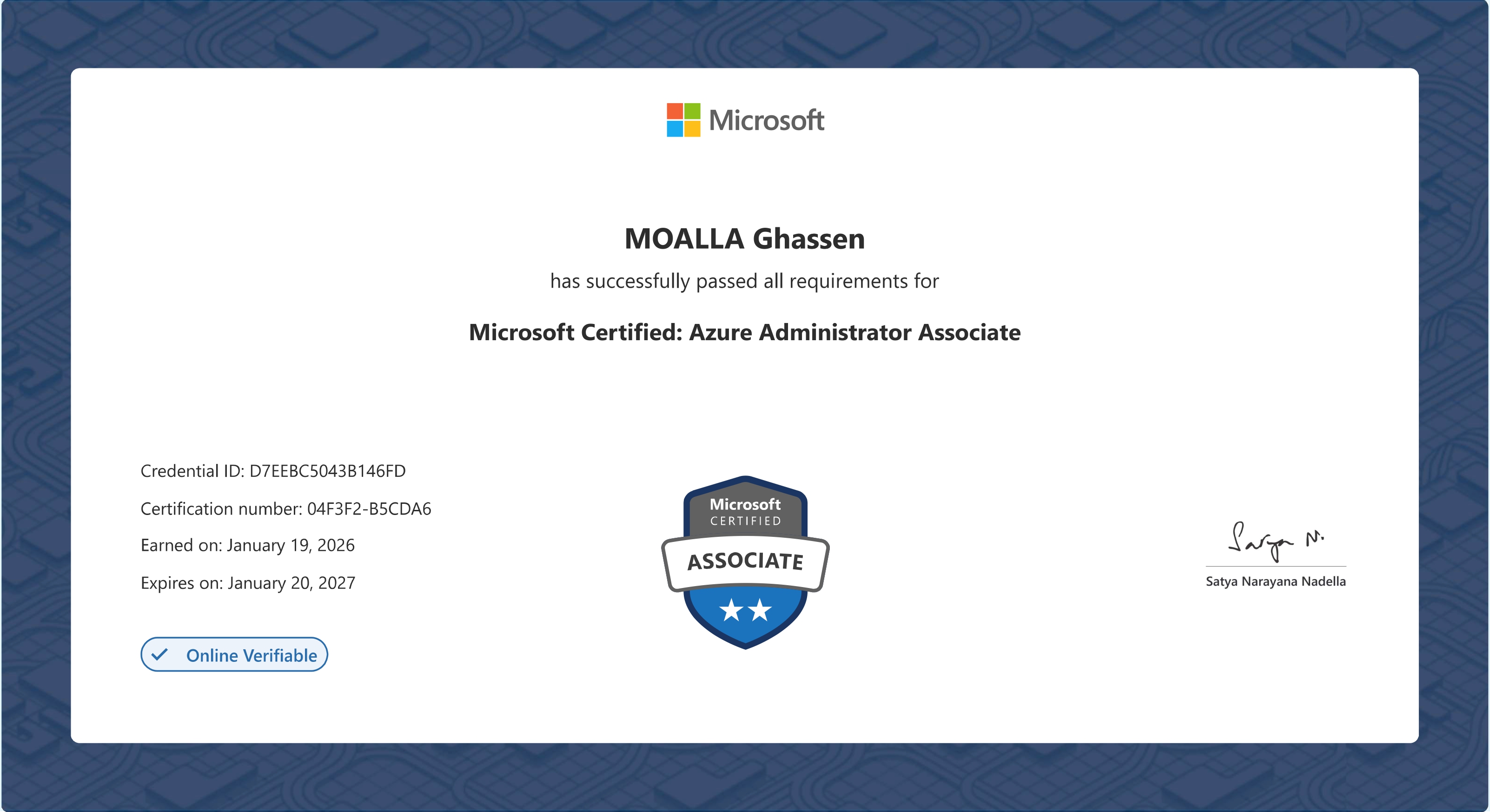 Microsoft Certified: Azure Administrator Associate certification badge