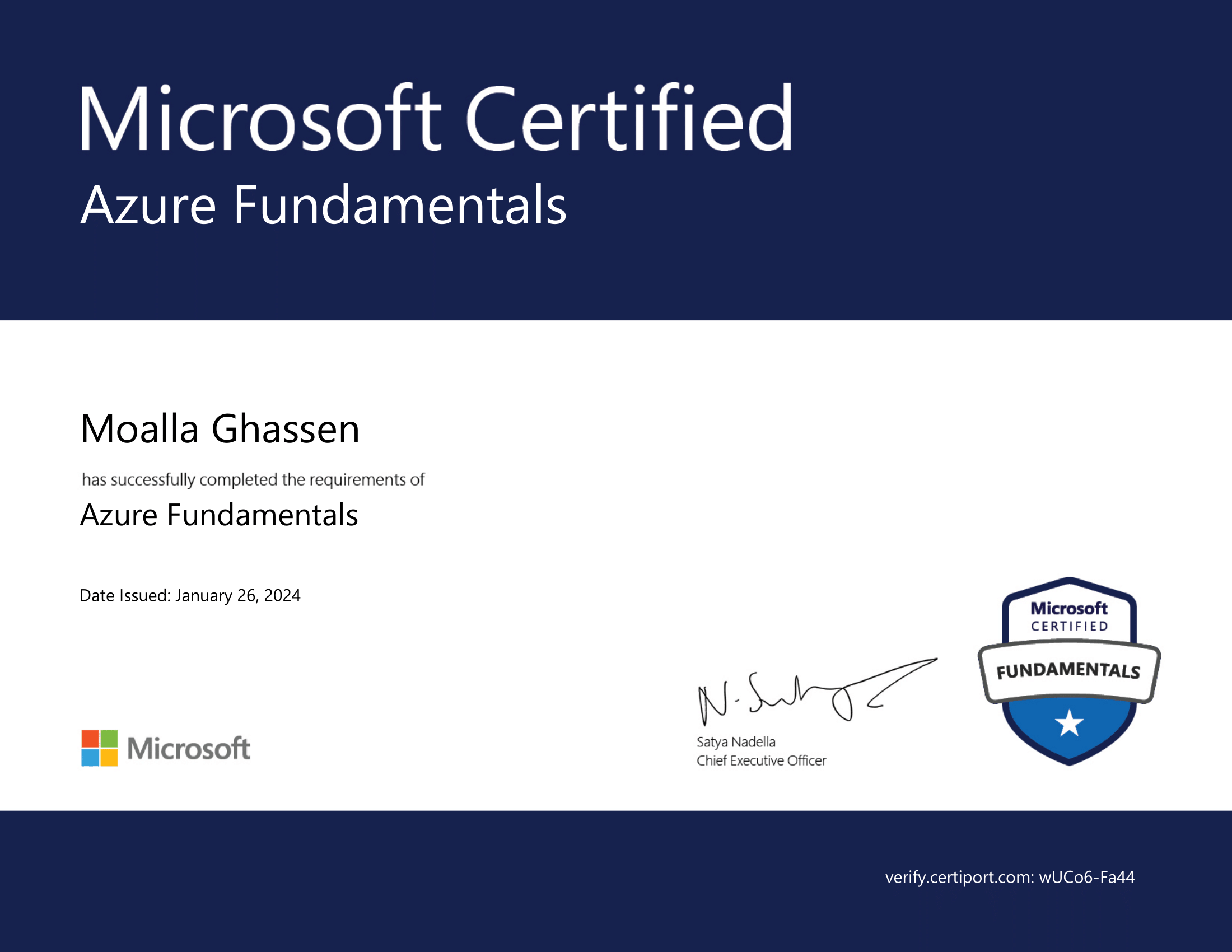 Microsoft Certified: Azure Fundamentals certification badge